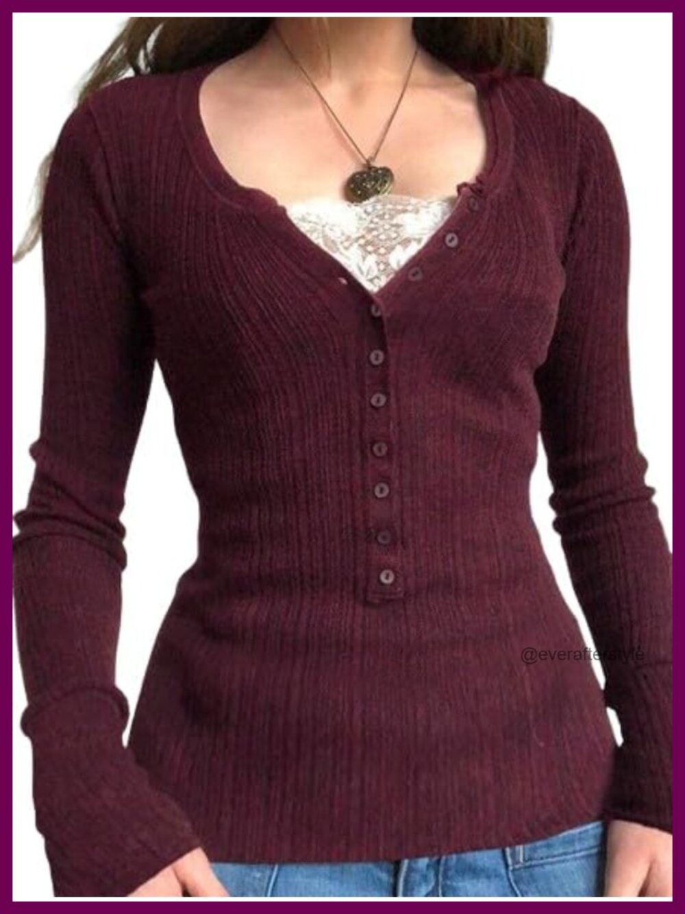 Womens Long Sleeve Henley Shirt Ribbed Knit Lace V-Neck Button Down Top